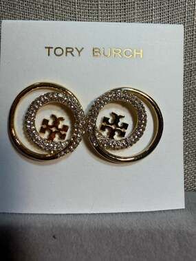 Tory Burch Gold Miller Rings Stud Earrings 18kt Plated Double T Logo NWT